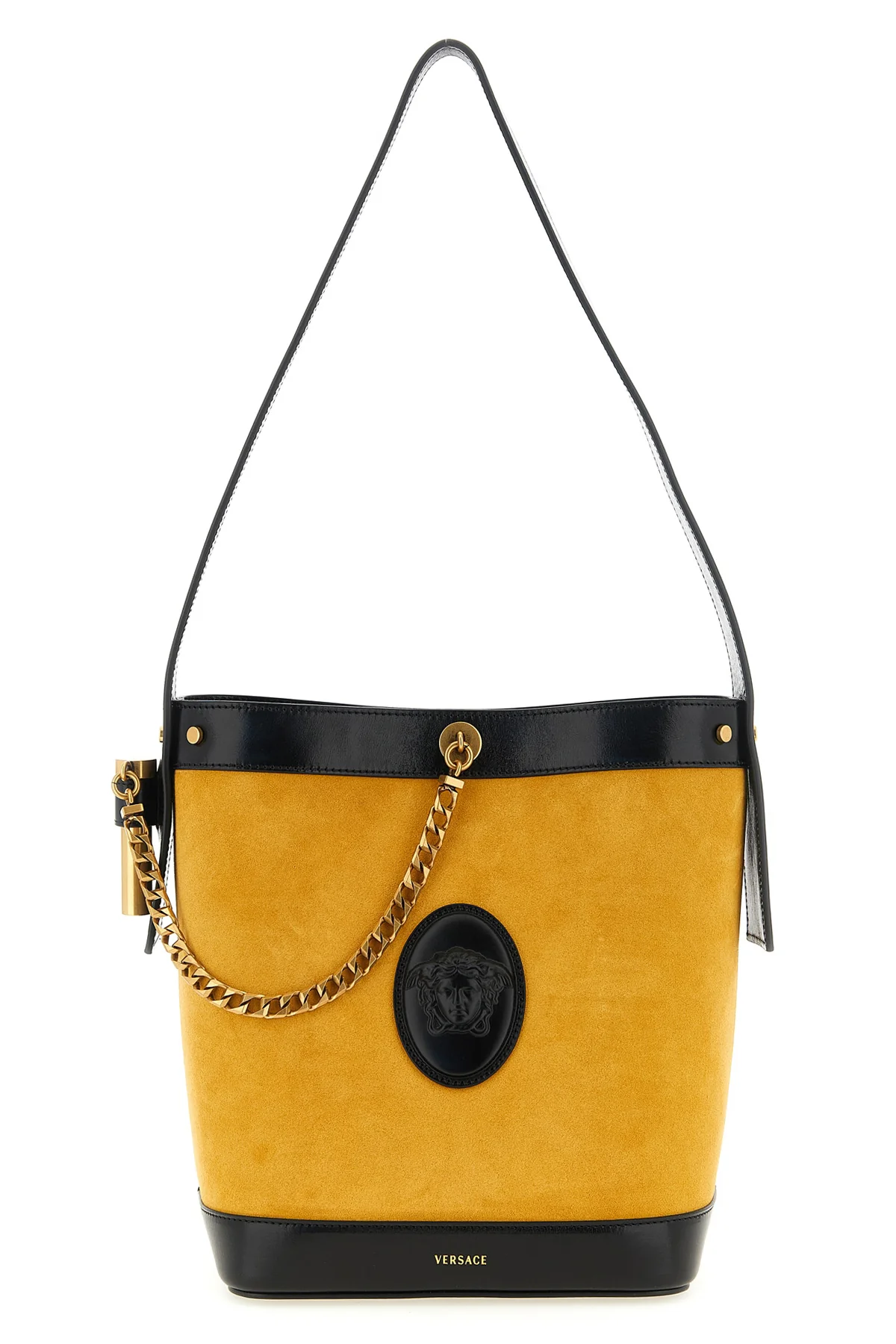 small pivot bucket bag in suede and contrasting smooth leather
