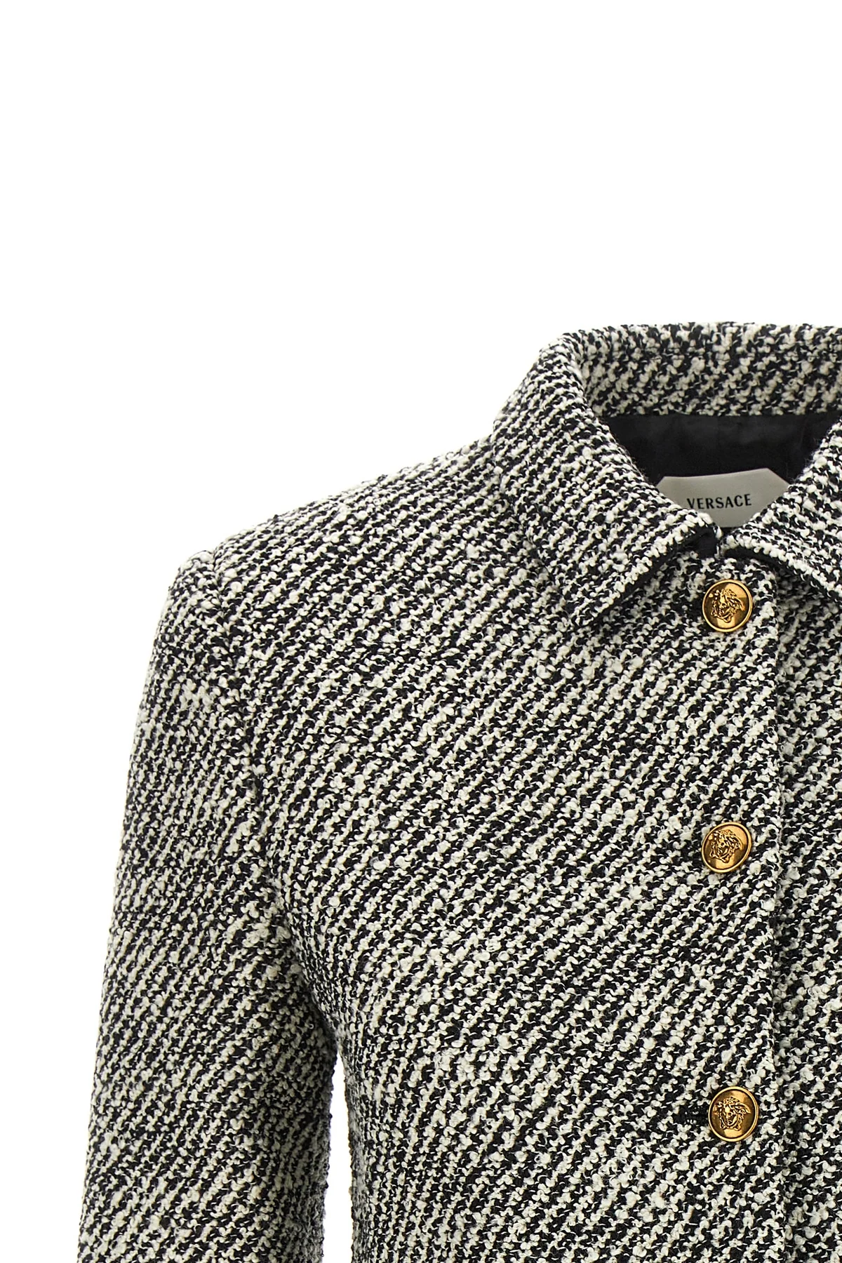 the versace cropped jacket defines a new proportion through a structured blouson