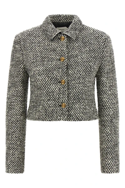 the versace cropped jacket defines a new proportion through a structured blouson