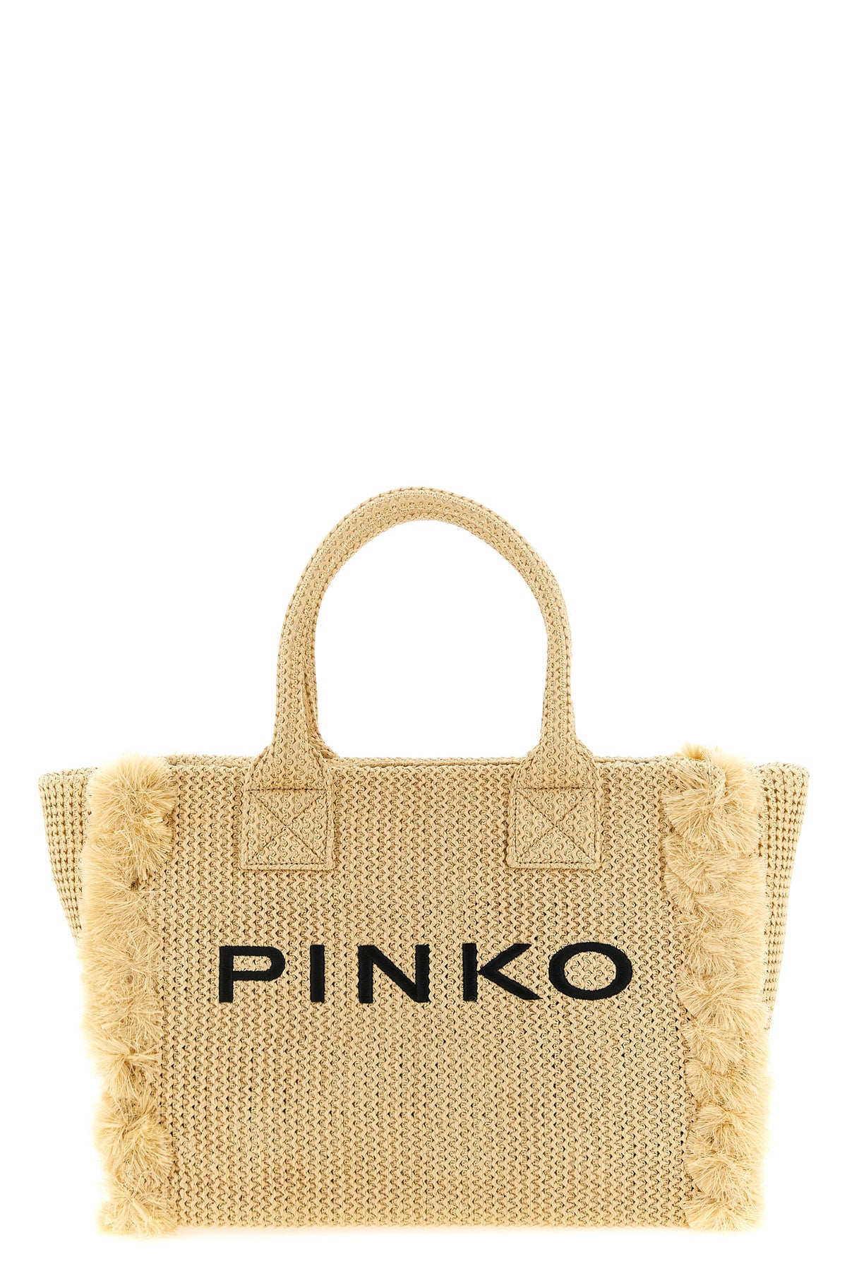 PINKO OS beach large shopping bag in woven raffia-effect fabric