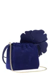 the pinko flower cobalt blue suede pouch is distinguished by a soft and unstru