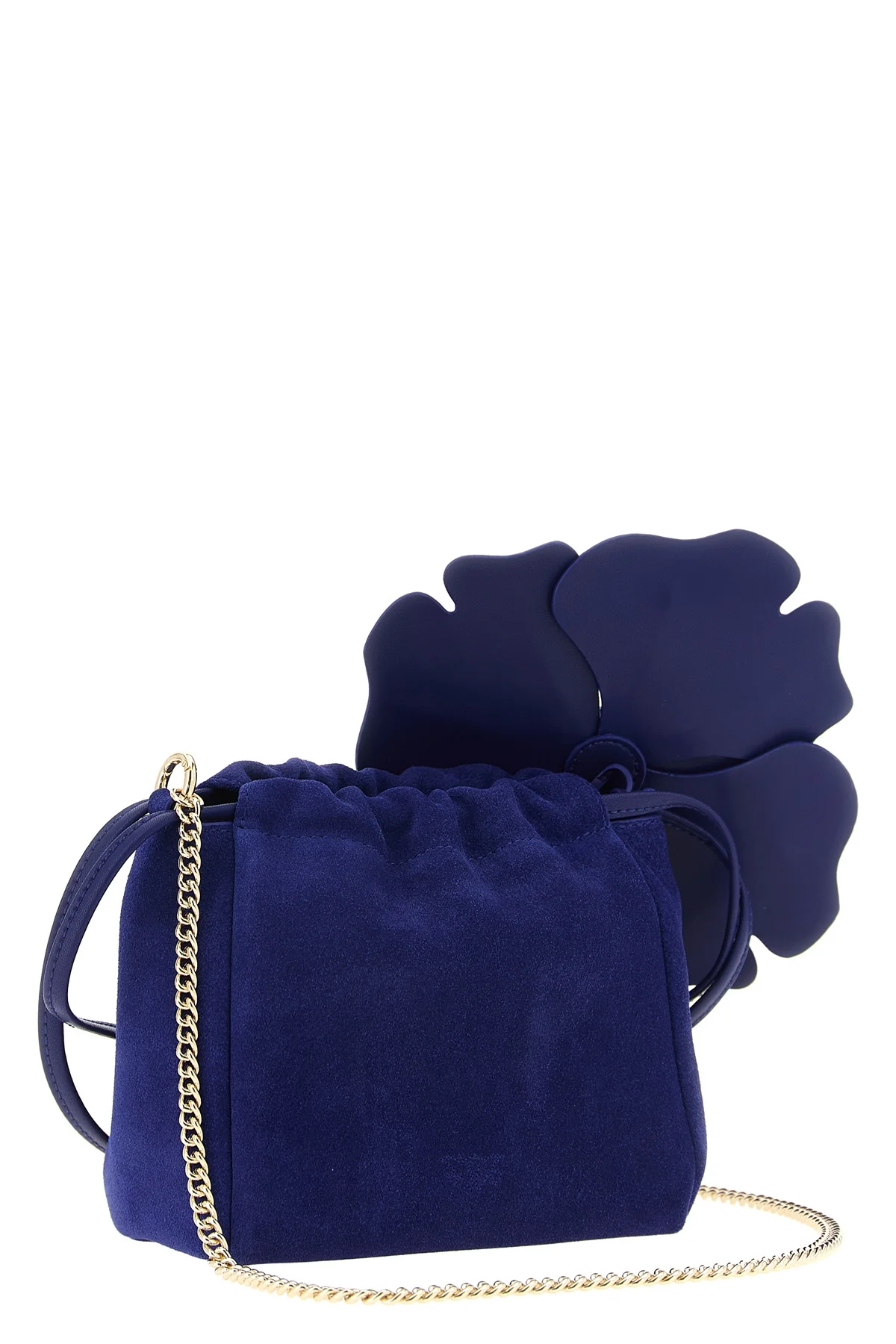 the pinko flower cobalt blue suede pouch is distinguished by a soft and unstru