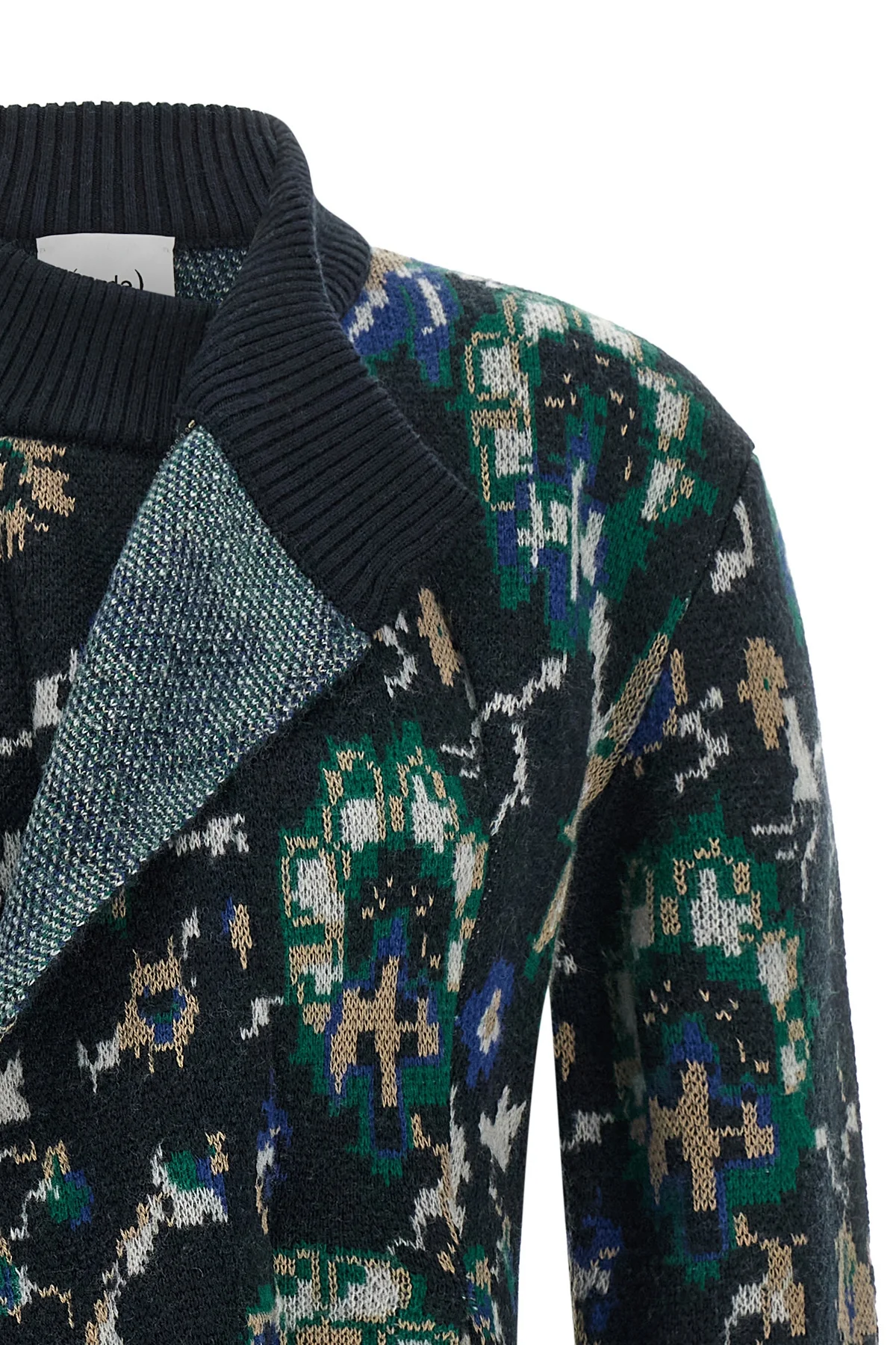 the jacquard knit nude cardigan is distinguished by a sartorial construction