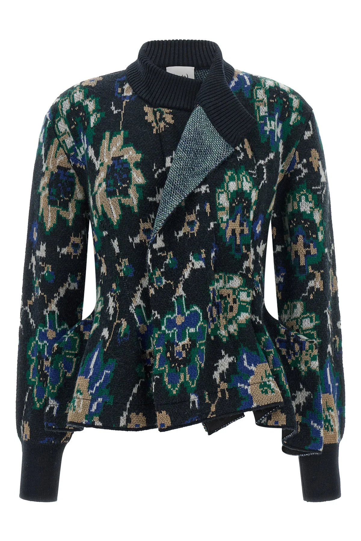 the jacquard knit nude cardigan is distinguished by a sartorial construction