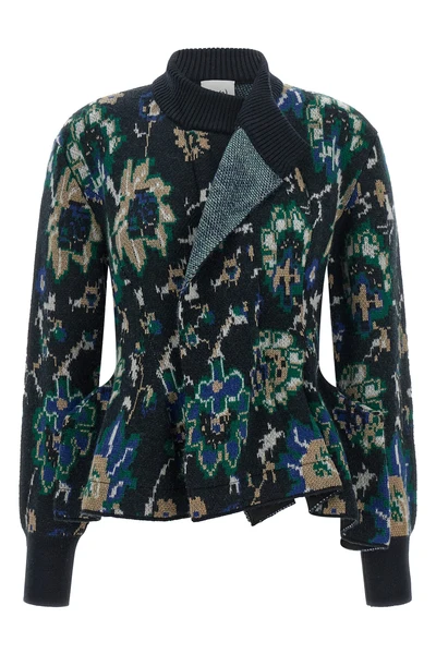 the jacquard knit nude cardigan is distinguished by a sartorial construction