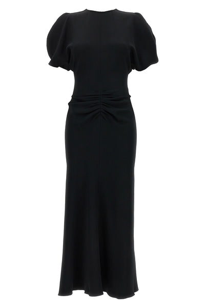 gathered waist midi dress in fluid cady fabric tightened at the waist