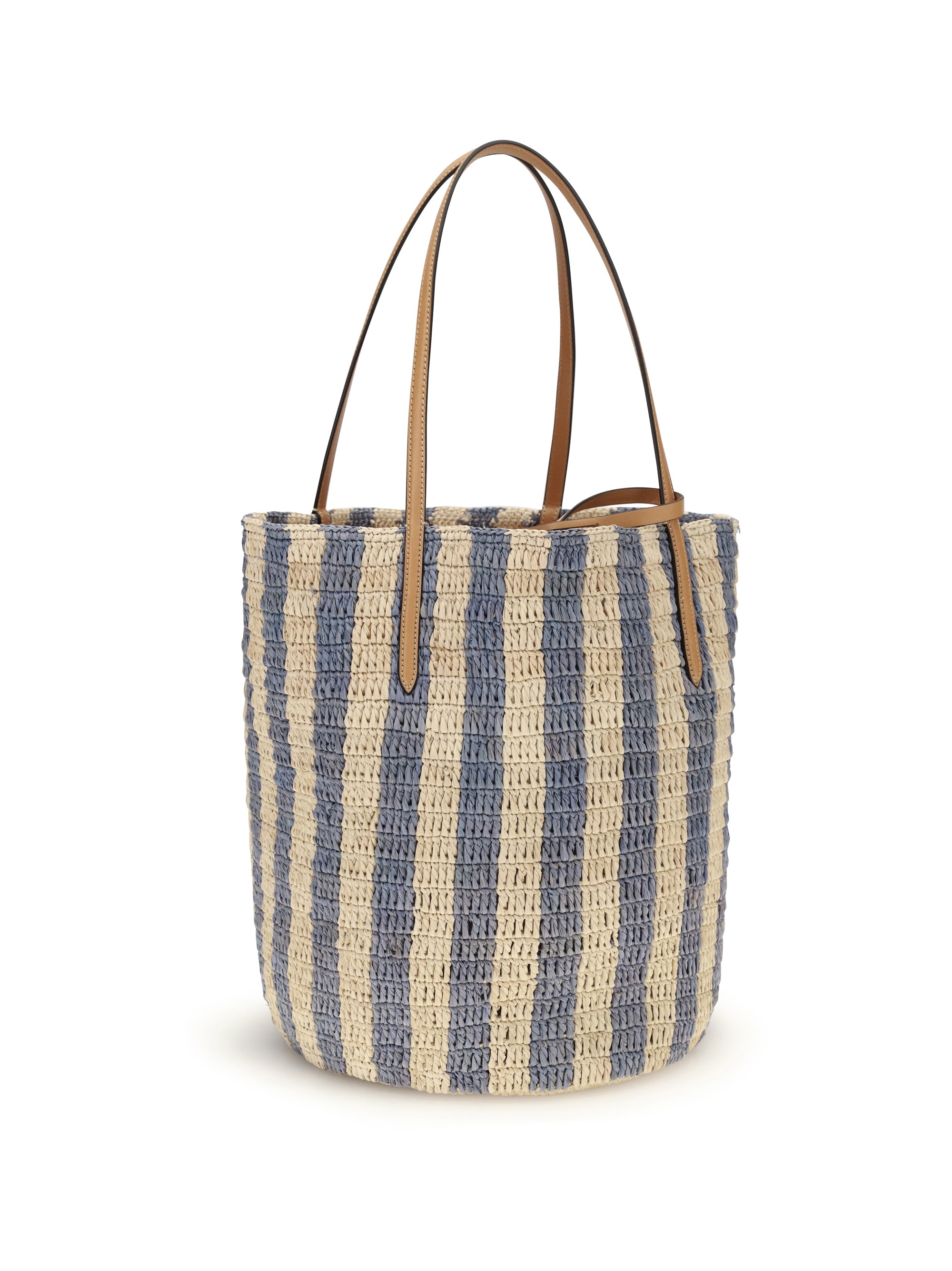 striped raffia bucket bag