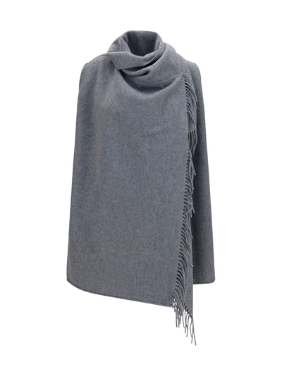 high-neck wool cape with concealed closure and fringes