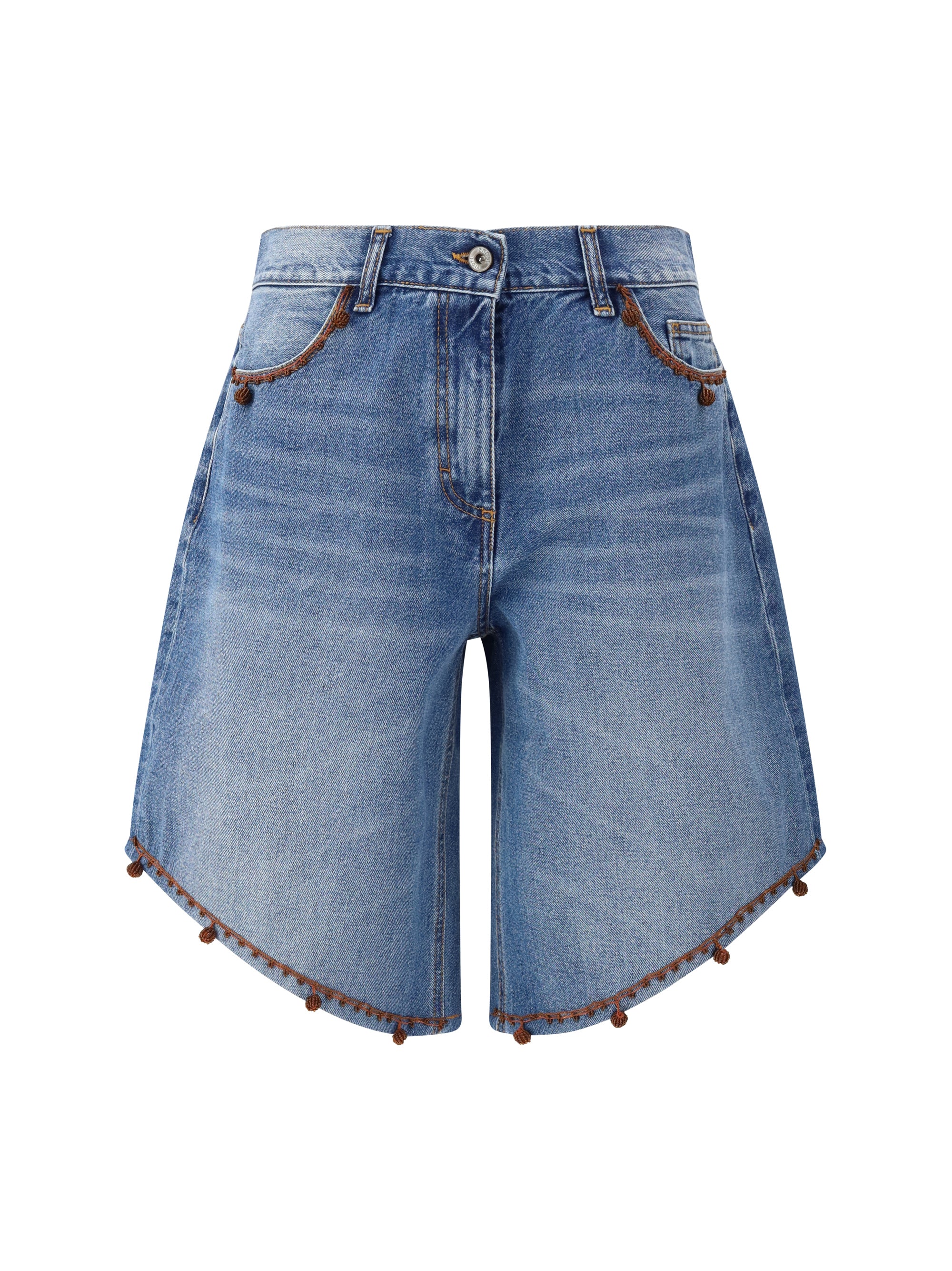 bermuda shorts with embroidered edges and pom pom detailing