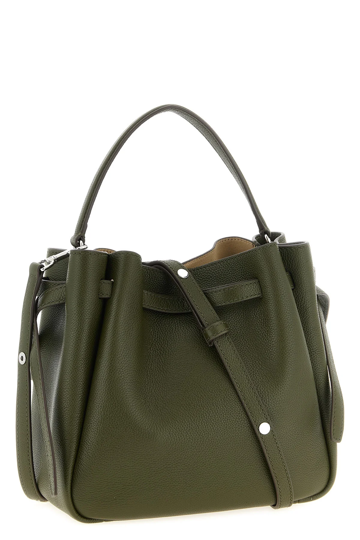 the tory burch romy bucket bag is made of fine hammered leather in the olive gre