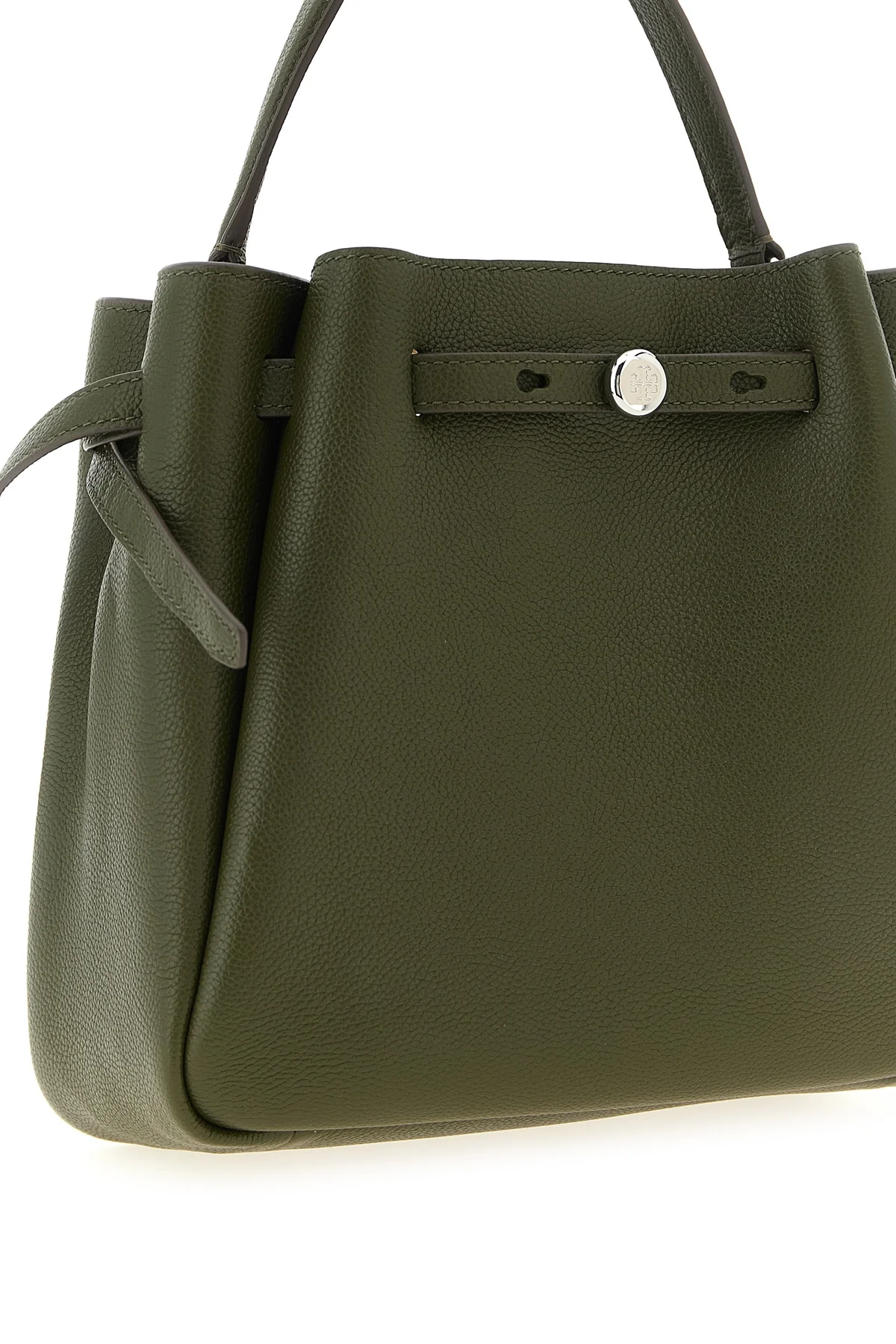 the tory burch romy bucket bag is made of fine hammered leather in the olive gre