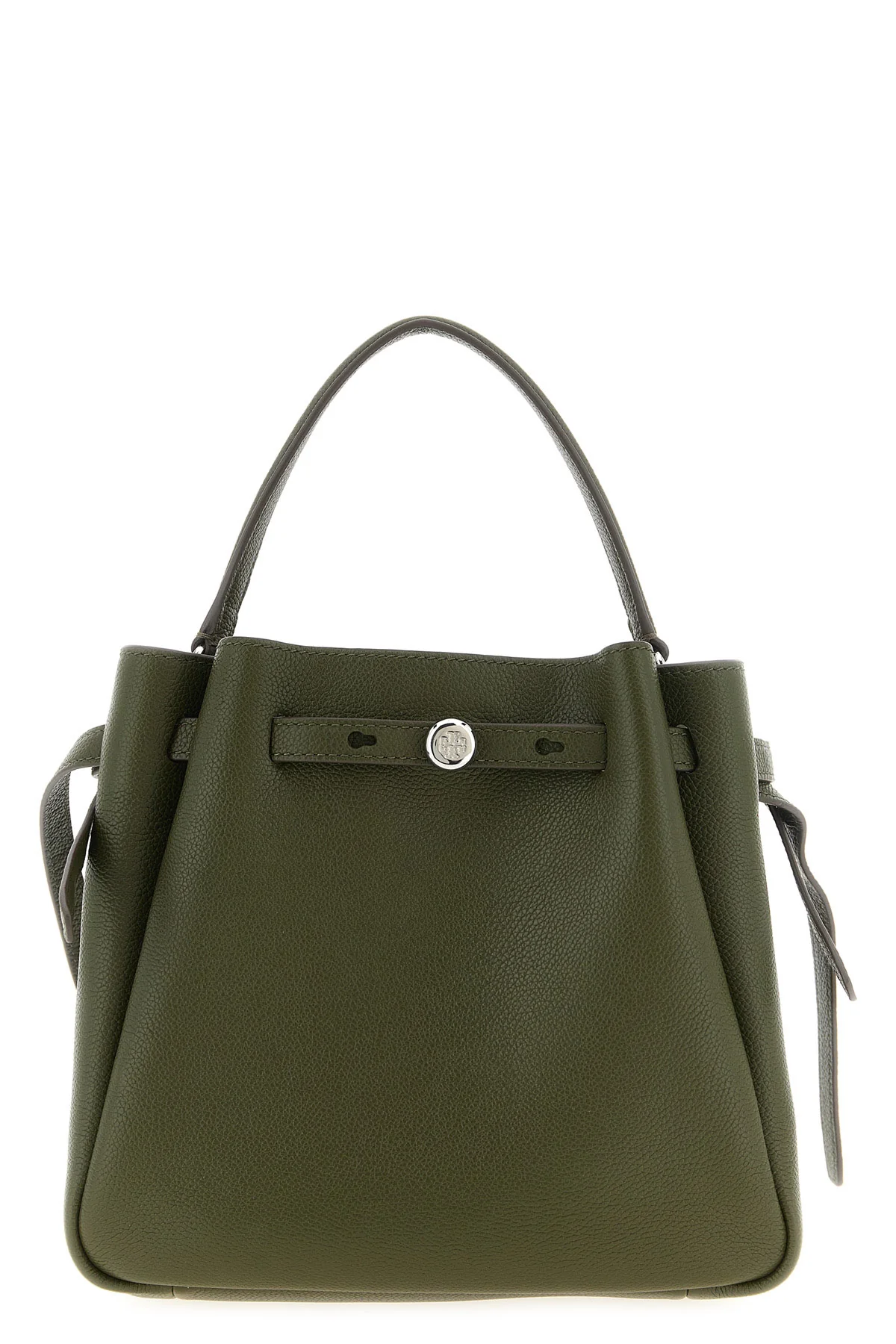TORY BURCH OS the tory burch romy bucket bag is made of fine hammered leather in the olive gre