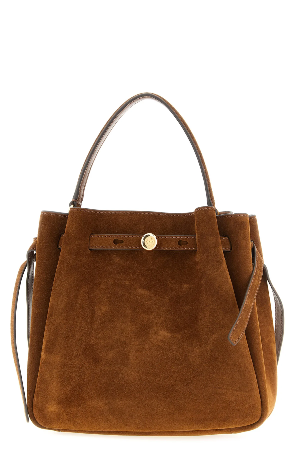 TORY BURCH OS the tory burch romy bucket bag in fine caramel-colored suede stands out for a so