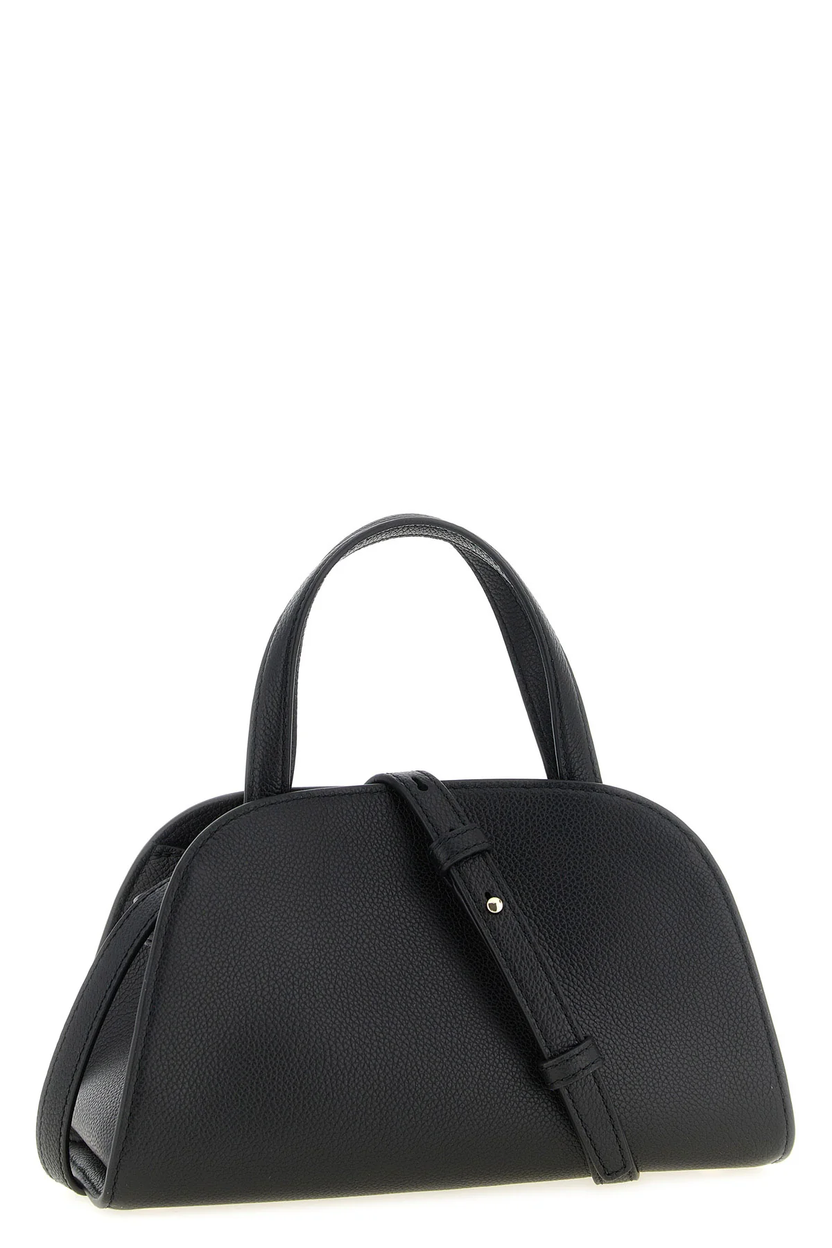 the tory burch romy small bauletto handbag is made of fine black hammered cowhid