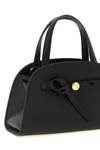 the tory burch romy small bauletto handbag is made of fine black hammered cowhid
