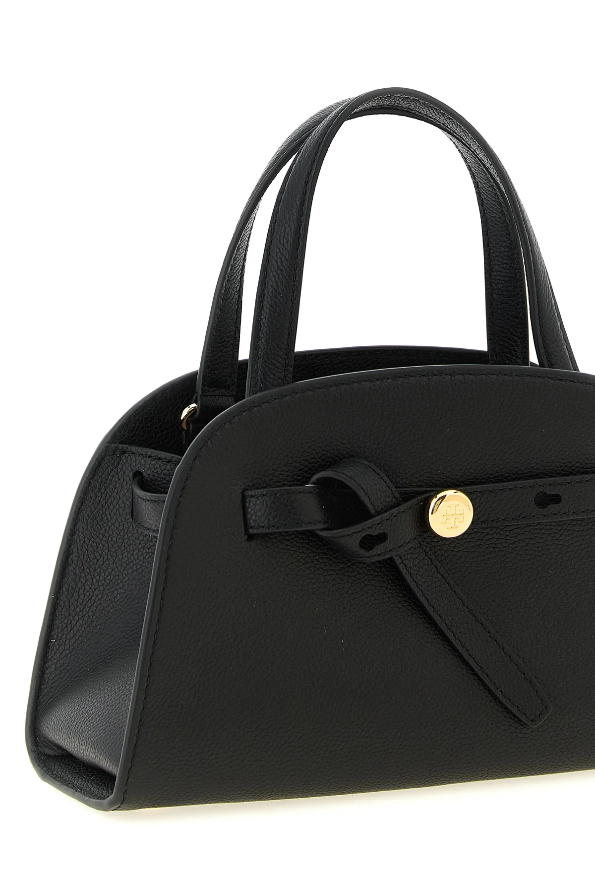 the tory burch romy small bauletto handbag is made of fine black hammered cowhid