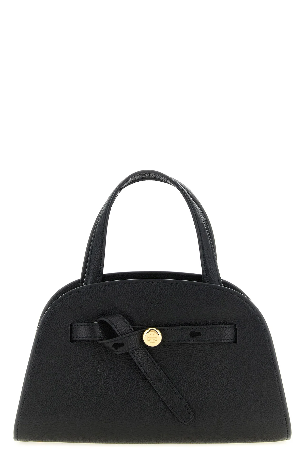 the tory burch romy small bauletto handbag is made of fine black hammered cowhid