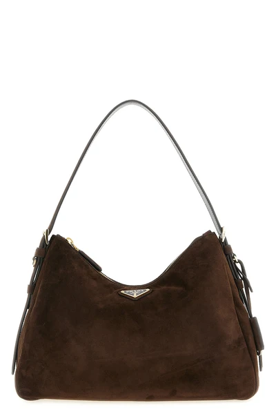the medium prada aimée shoulder bag in fine brown suede defines a soft and cap