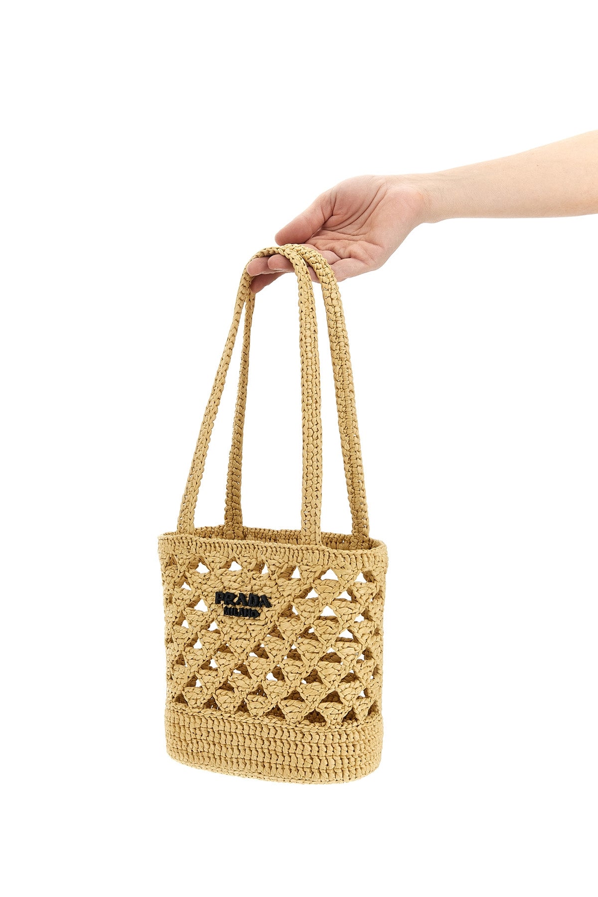 PRADA OS crochet handbag in raffia-effect yarn