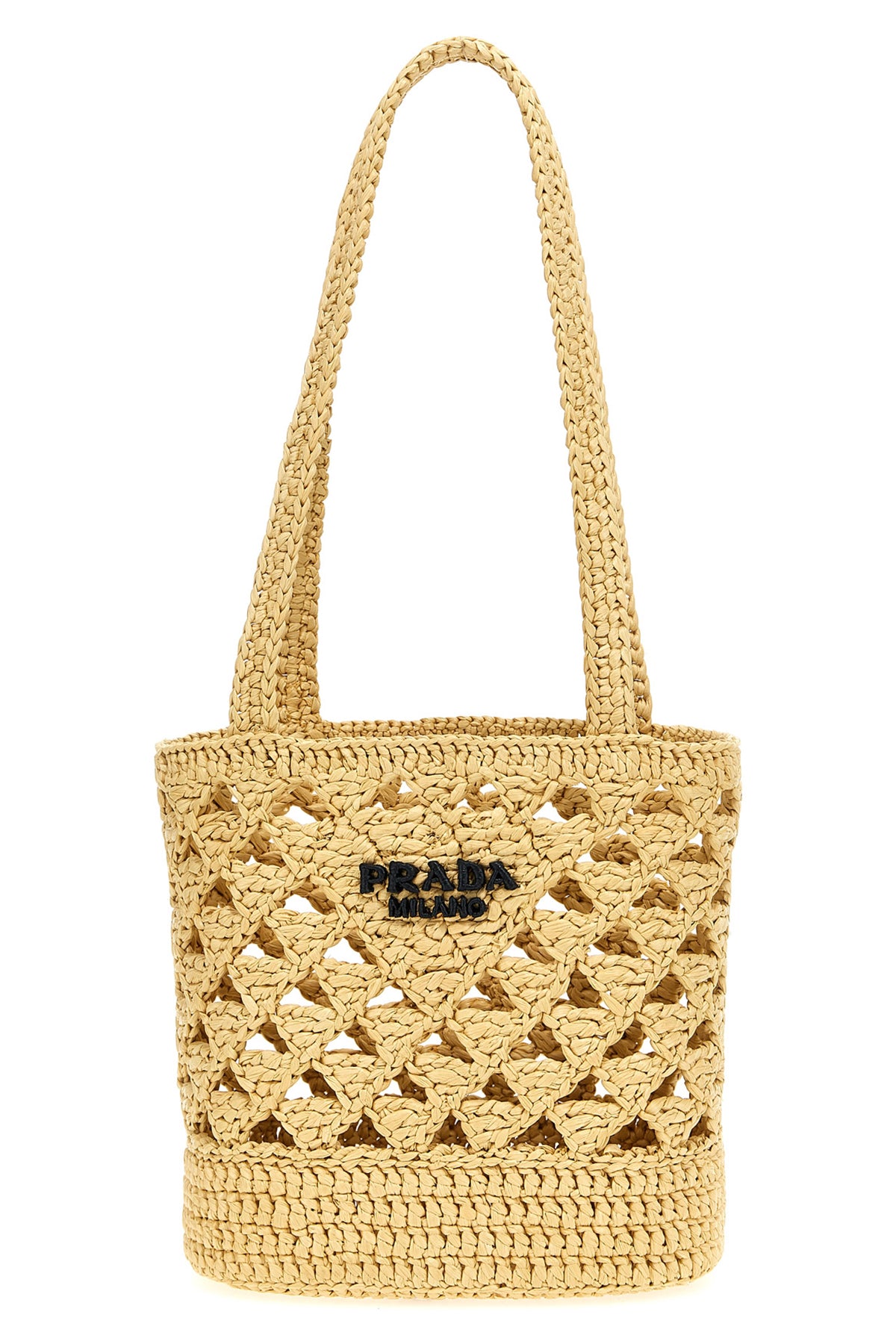 PRADA OS crochet handbag in raffia-effect yarn