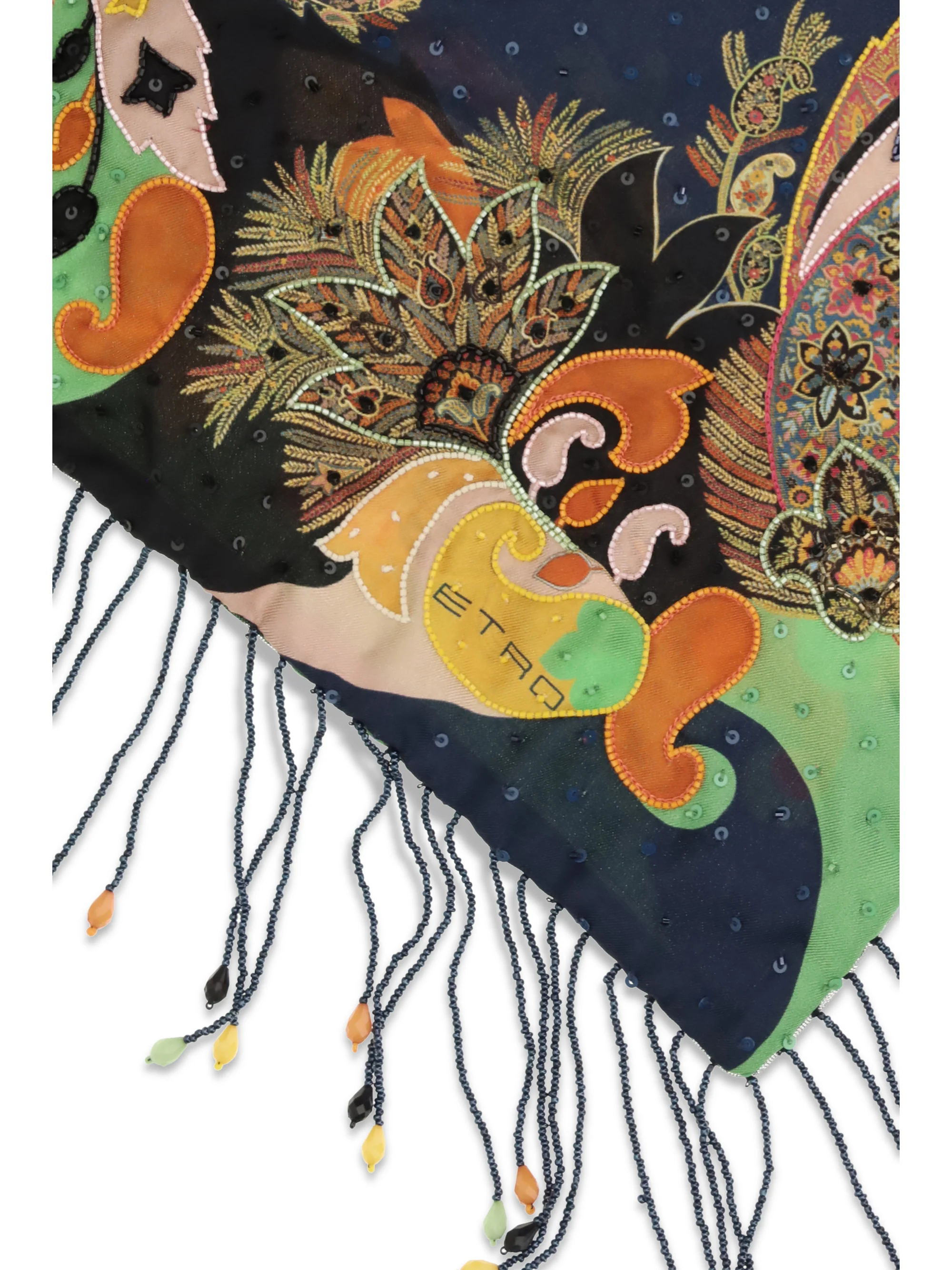scarf in pure silk with fringes and beaded