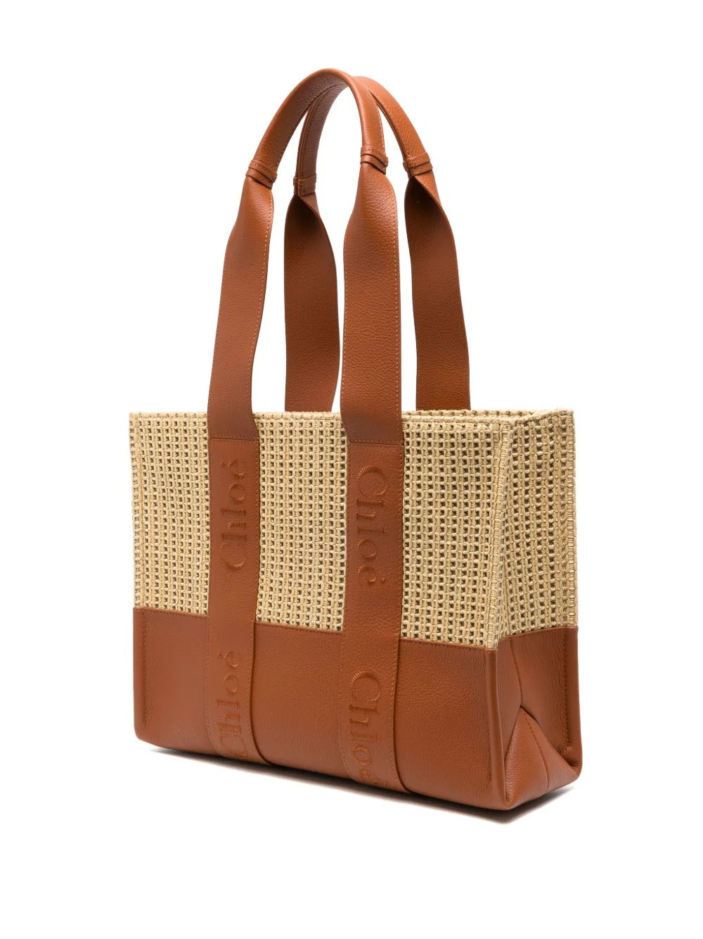Woody Medium Raffia Leather Tote
