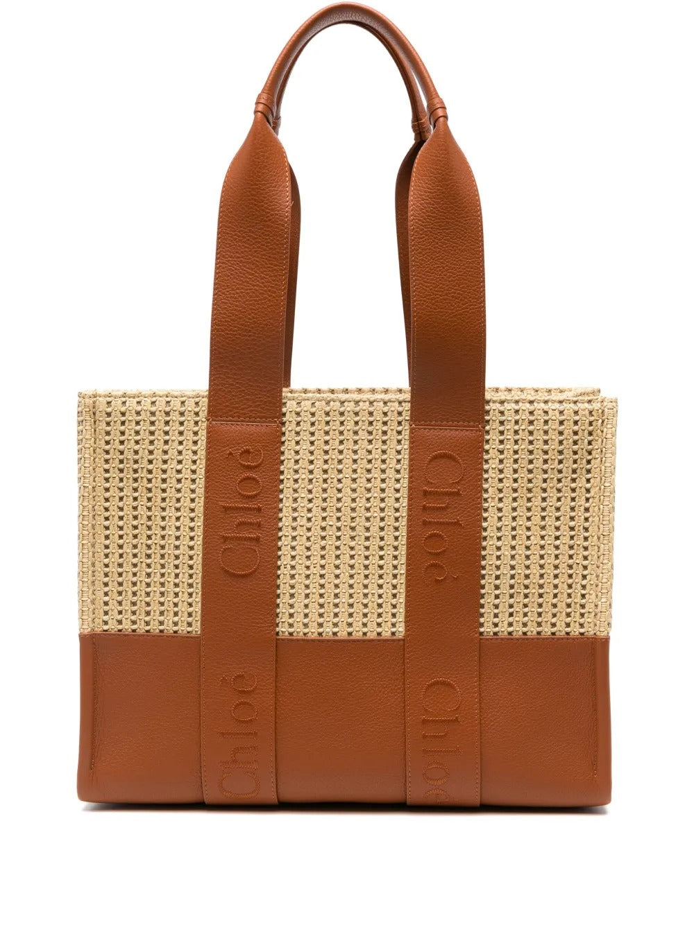 CHLOE Woody Medium Raffia Leather Tote – Beige