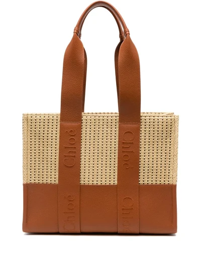 Woody Medium Raffia Leather Tote