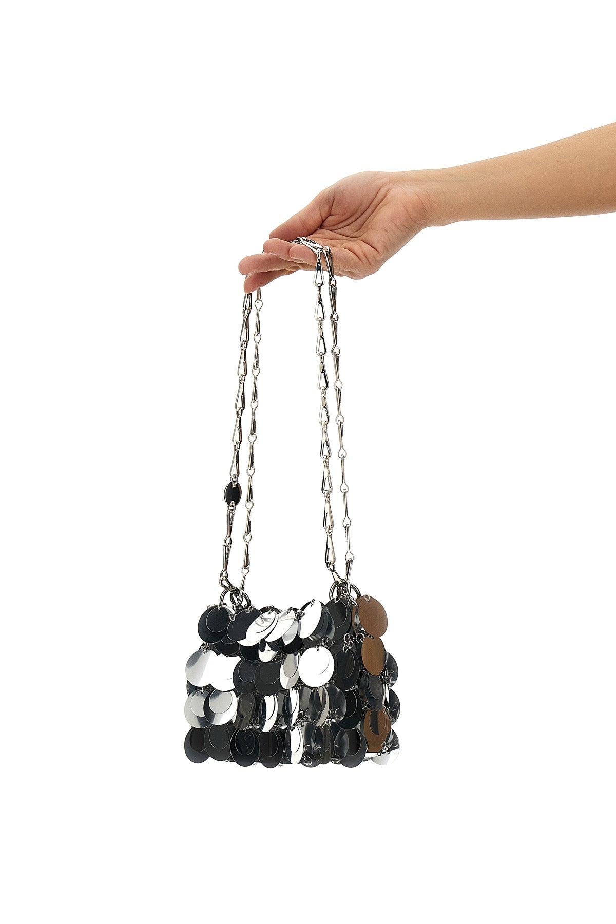 RABANNE OS sparkle discs nano shoulder bag in metal mesh