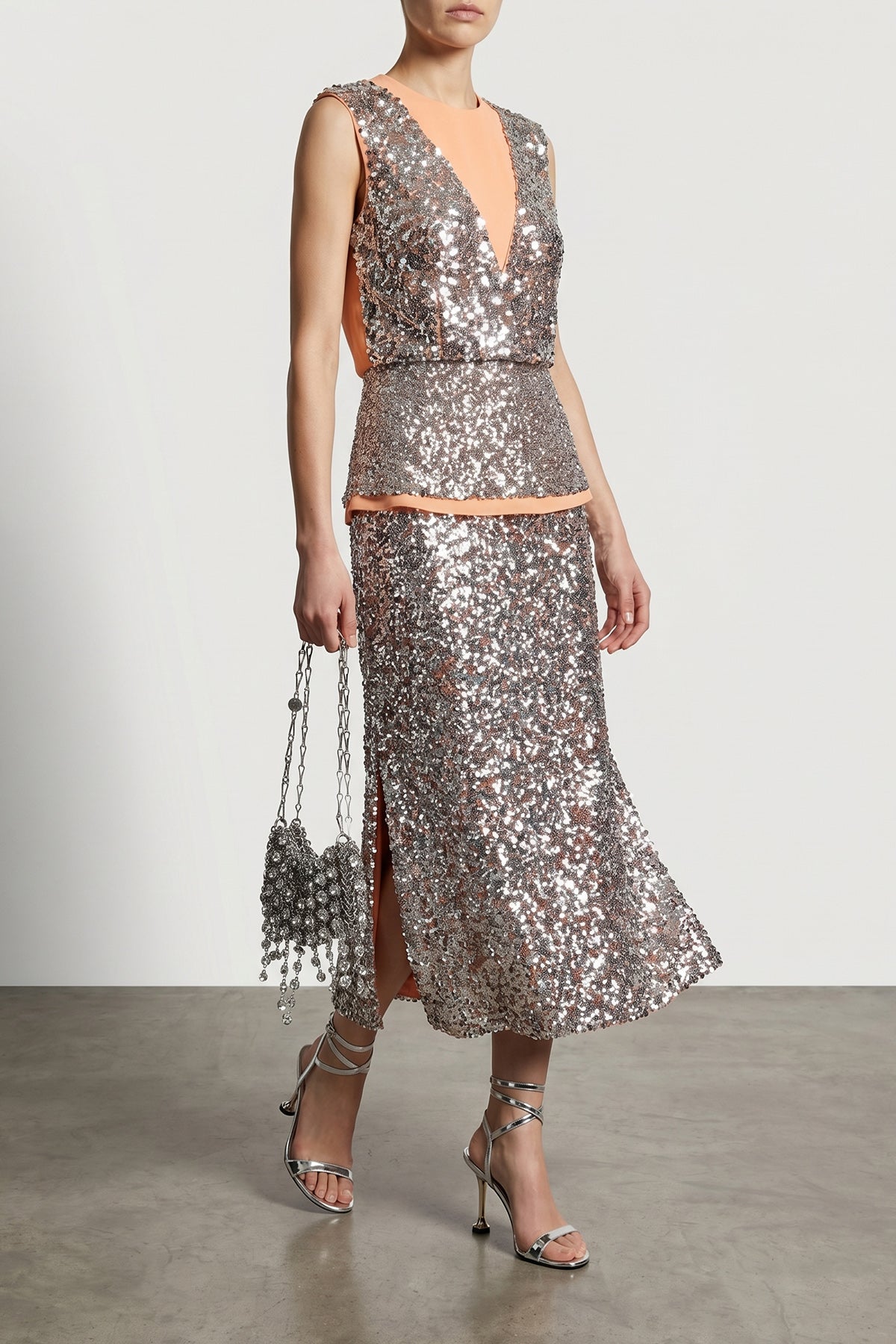 RABANNE OS 1969 strass nano shoulder bag in metal mesh and front pendant crystals