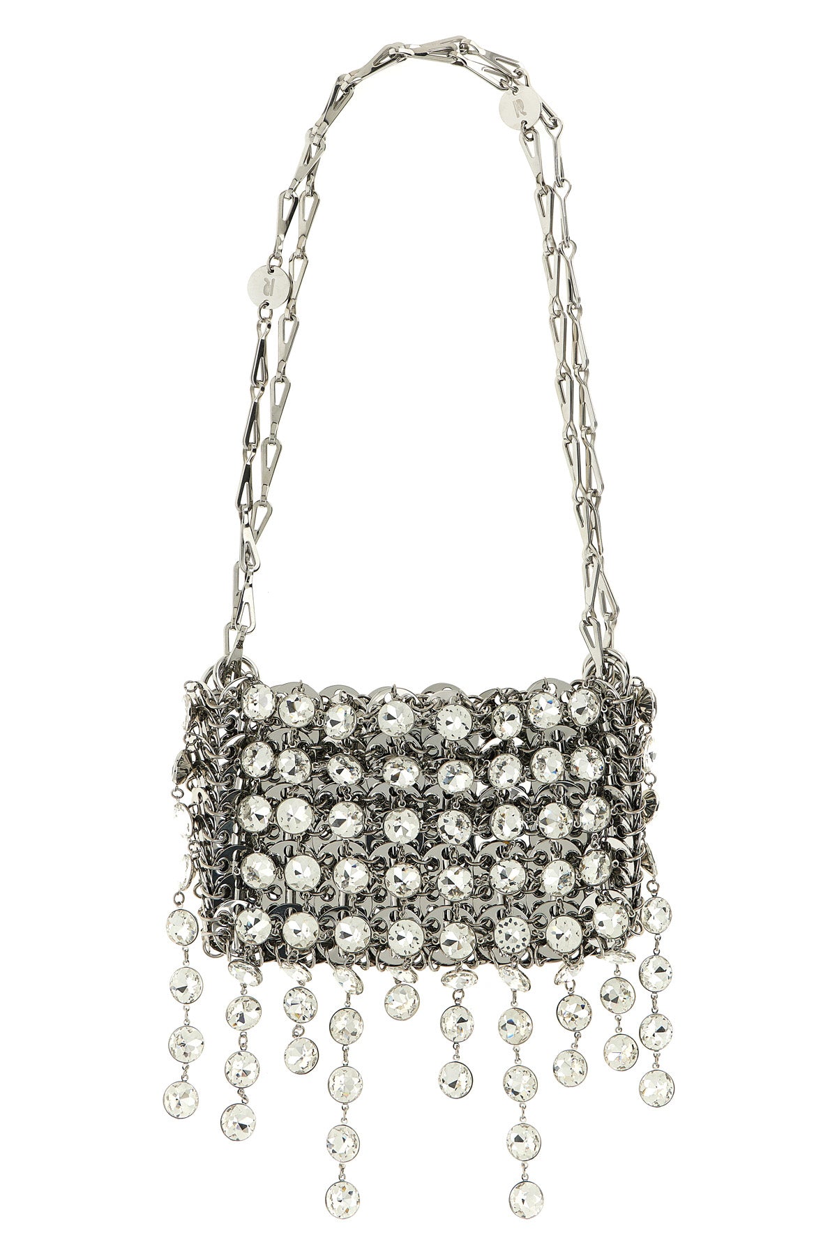RABANNE OS 1969 strass nano shoulder bag in metal mesh and front pendant crystals