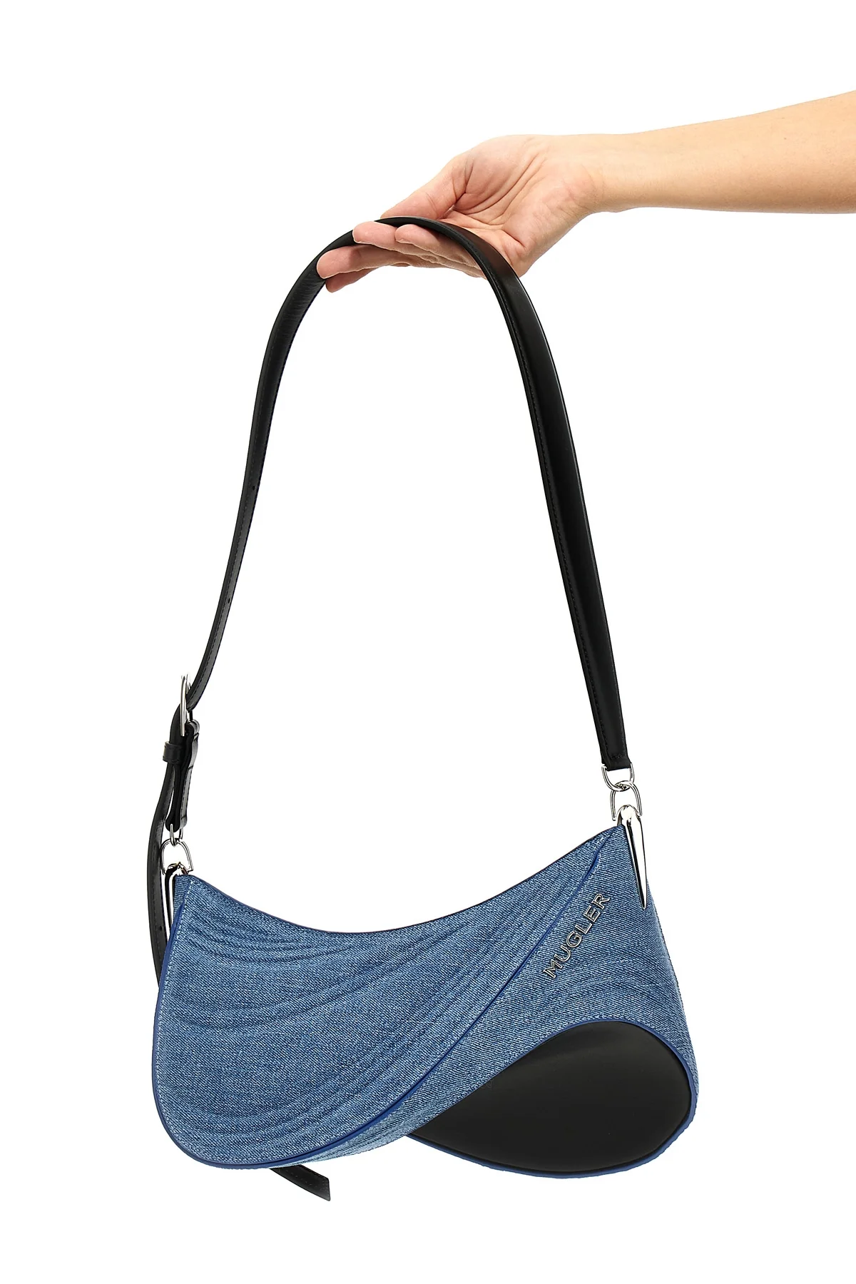 MUGLER OS medium denim spiral curve 01 shoulder bag in denim and leather