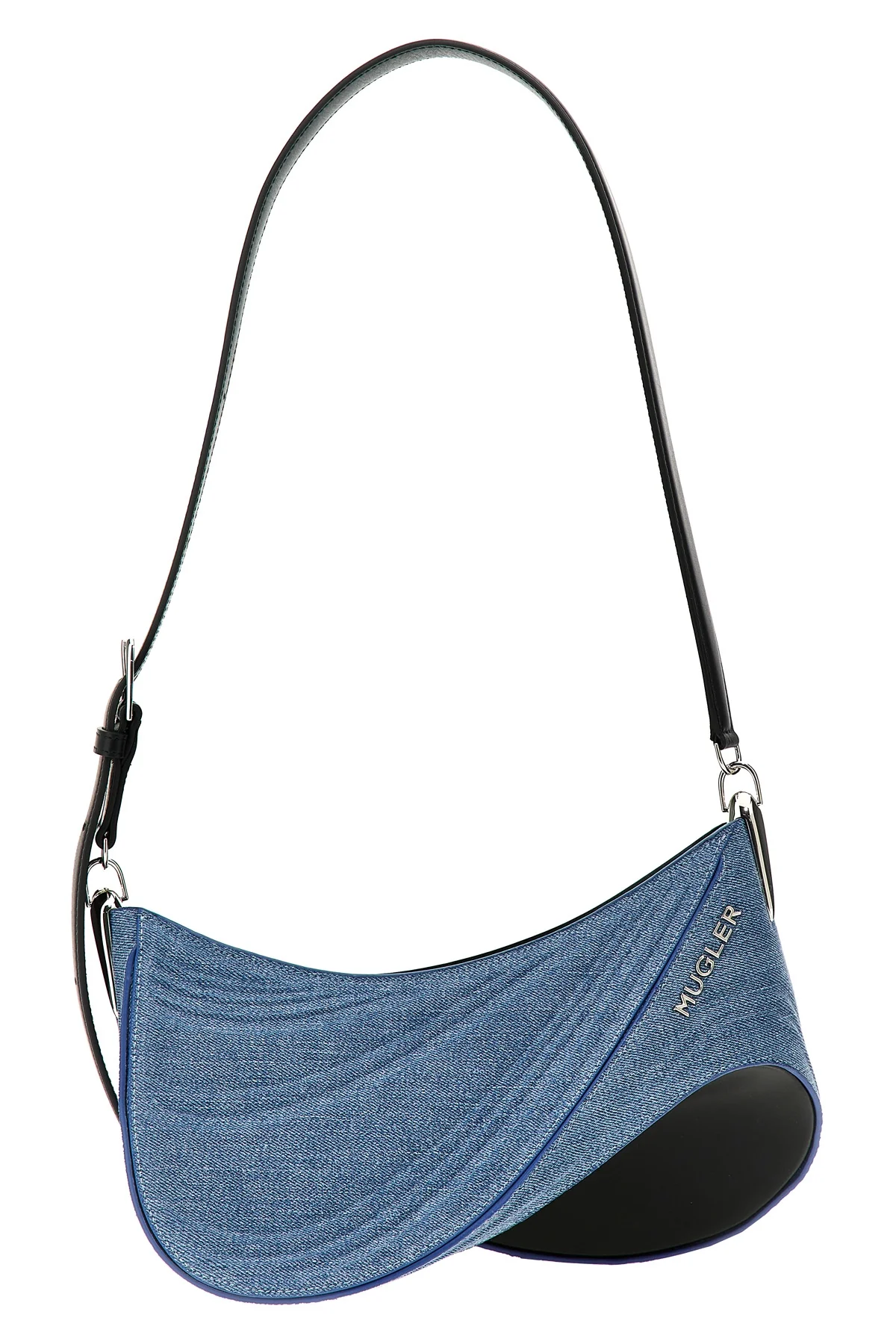 MUGLER OS medium denim spiral curve 01 shoulder bag in denim and leather