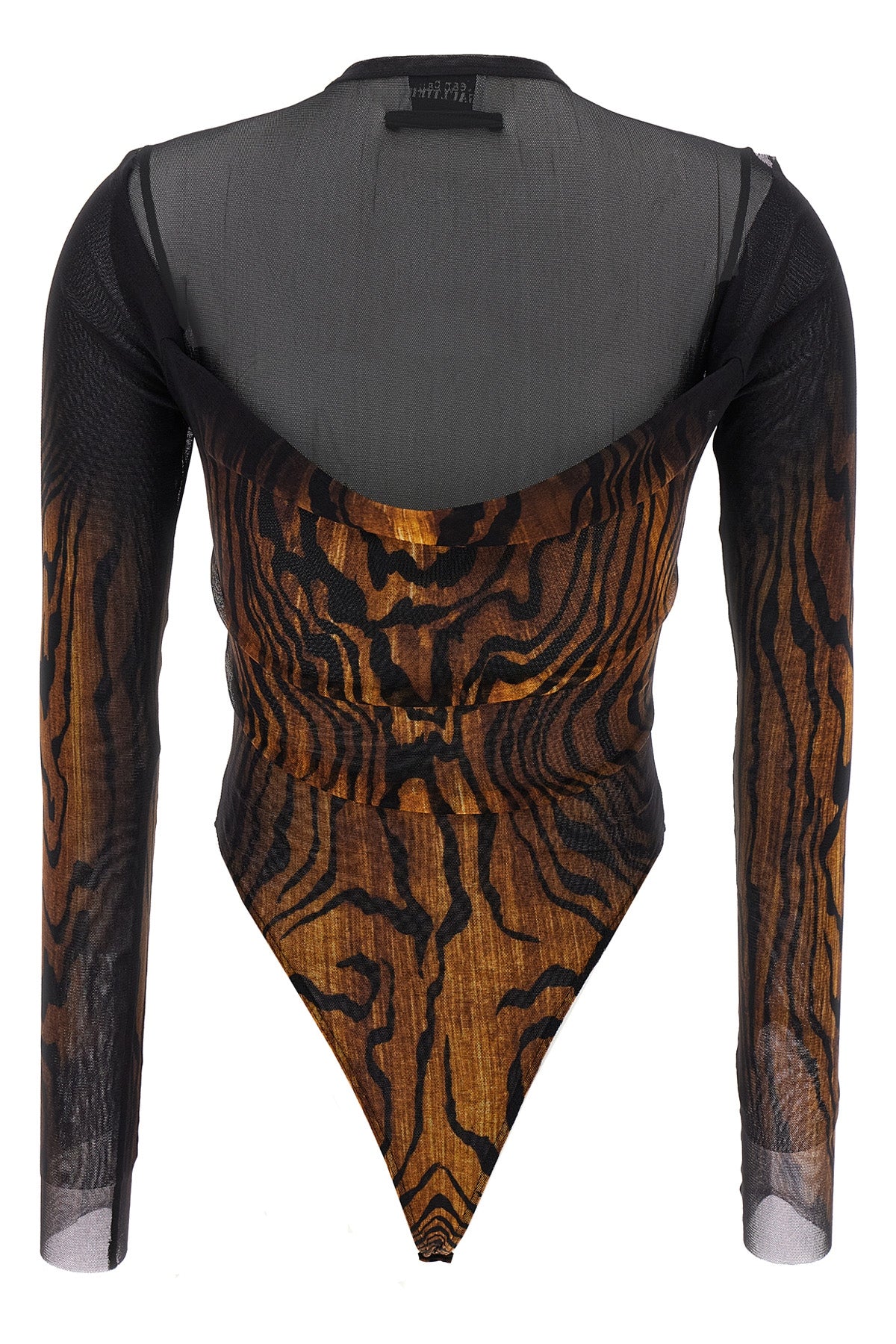 all-over the wood print stretch tulle bodysuit
