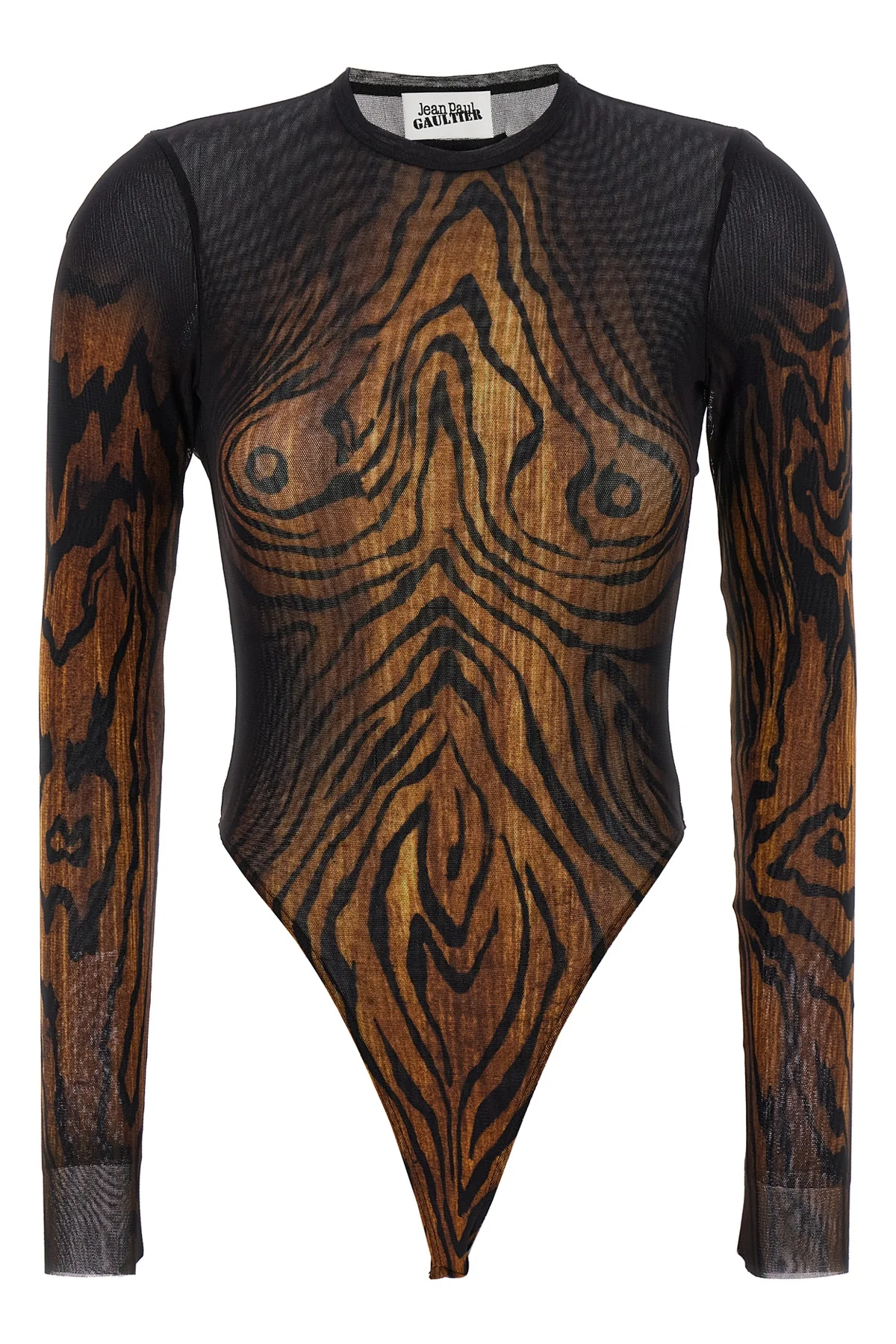 all-over the wood print stretch tulle bodysuit