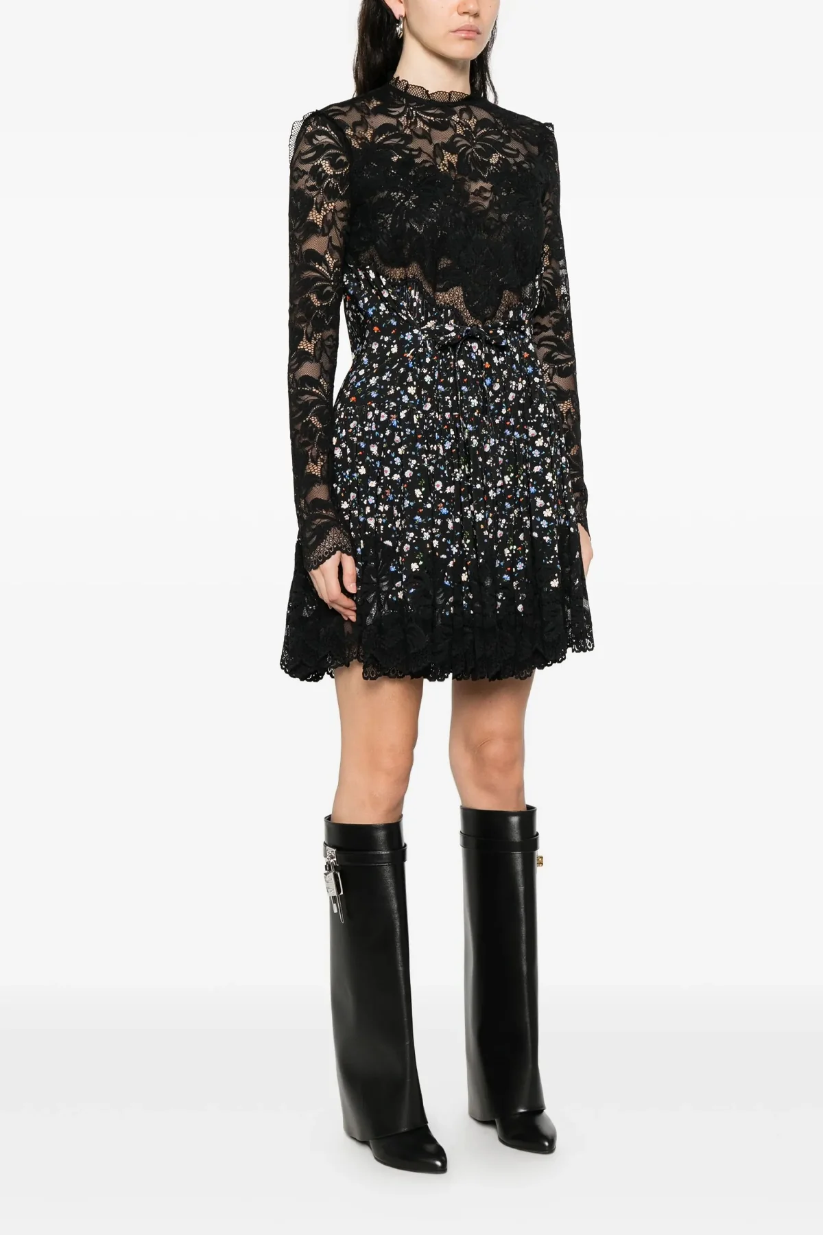 mini dress in floral print and semi-transparent lace fabric