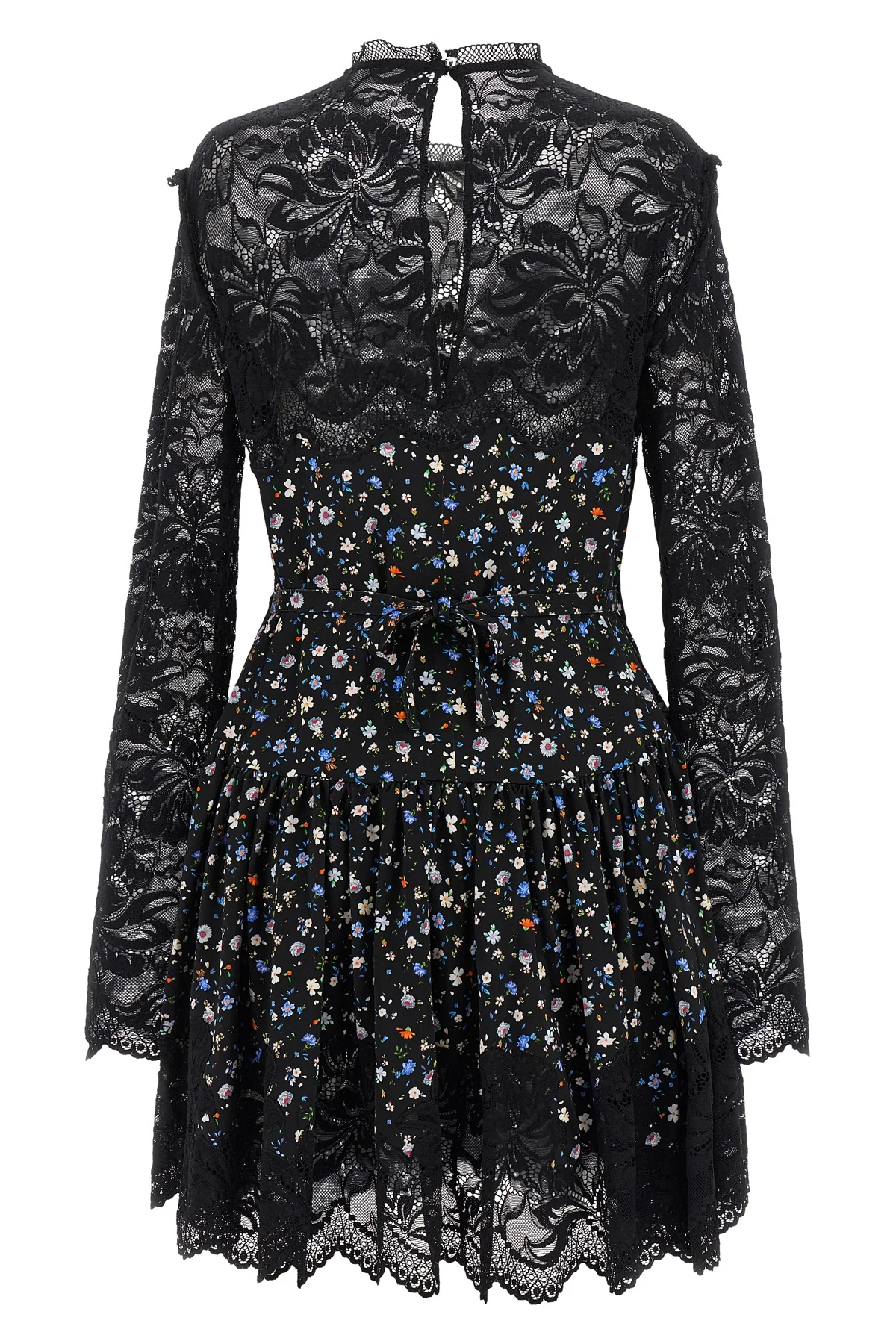 mini dress in floral print and semi-transparent lace fabric
