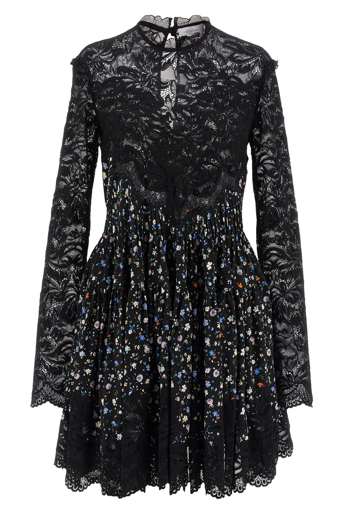 mini dress in floral print and semi-transparent lace fabric