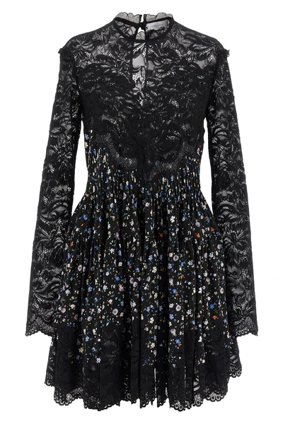 mini dress in floral print and semi-transparent lace fabric