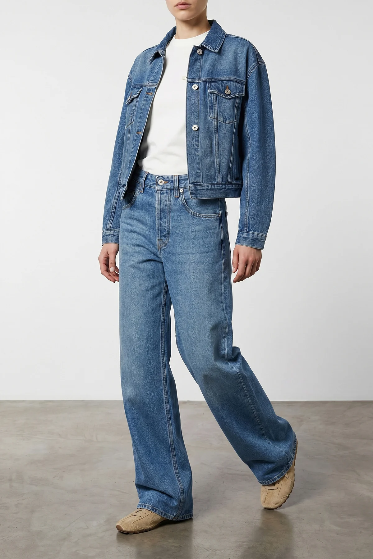 le de-nîmes large medium washed cotton denim jeans