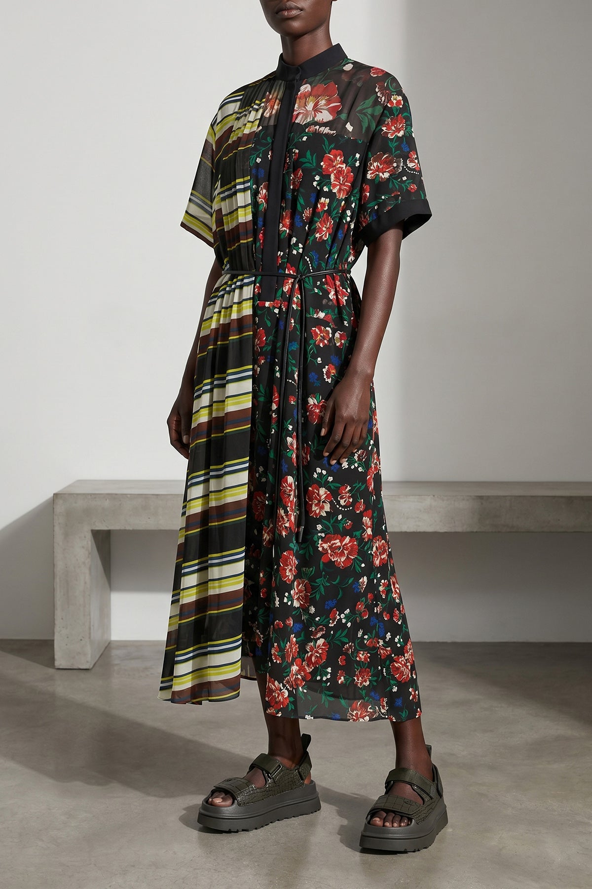 SACAI 2 pattern mix satin-effect fabric midi dress