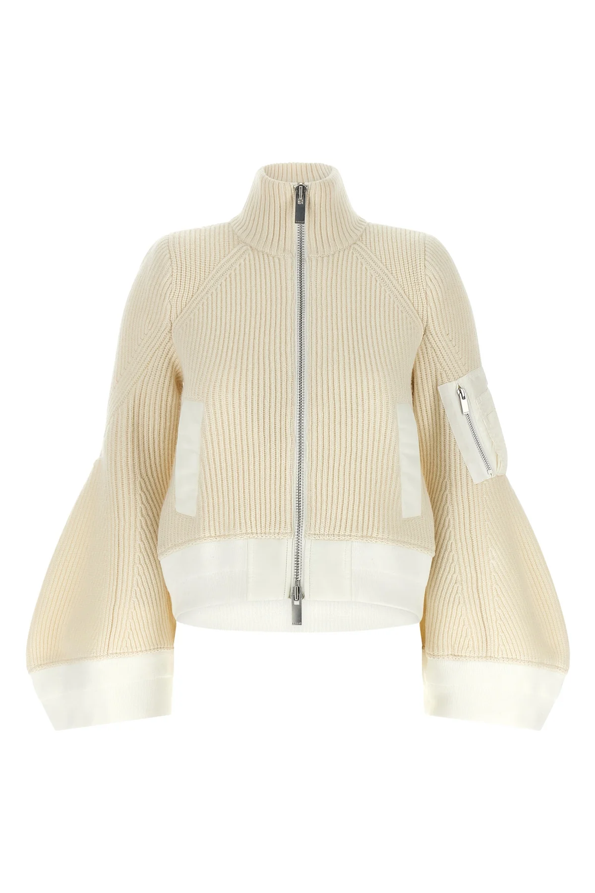 the sacai wool knit blouson exemplifies the brands distinctive hybrid construct
