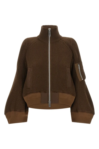 the sacai pure brown wool cropped blouson features a thick ribbed pattern that d