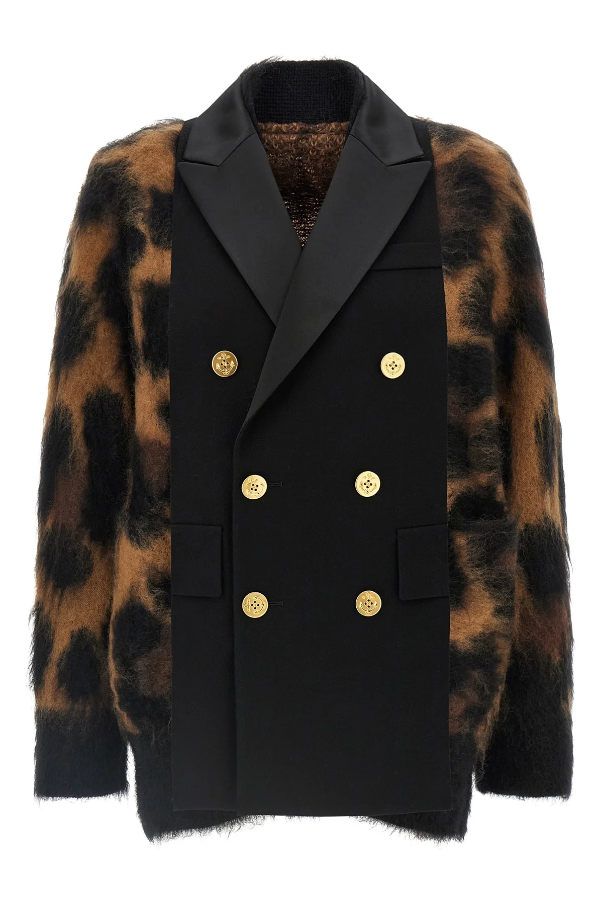 the sacai cardigan redefines knitwear codes through a complex hybrid constructio