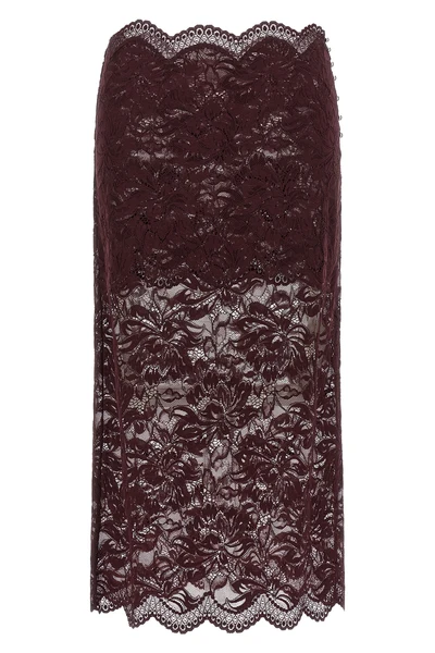 the rabanne midi skirt defines a pencil silhouette through a complex burgundy fl