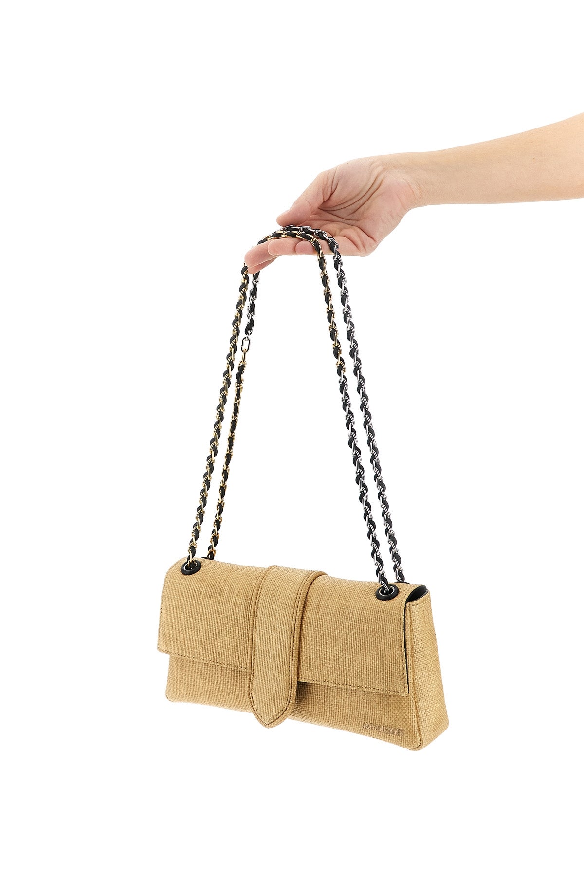 JACQUEMUS OS le bambino chaîne shoulder bag in woven raffia-effect fabric and smooth leathe