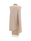 high-neck wool cape with concealed closure and fringes