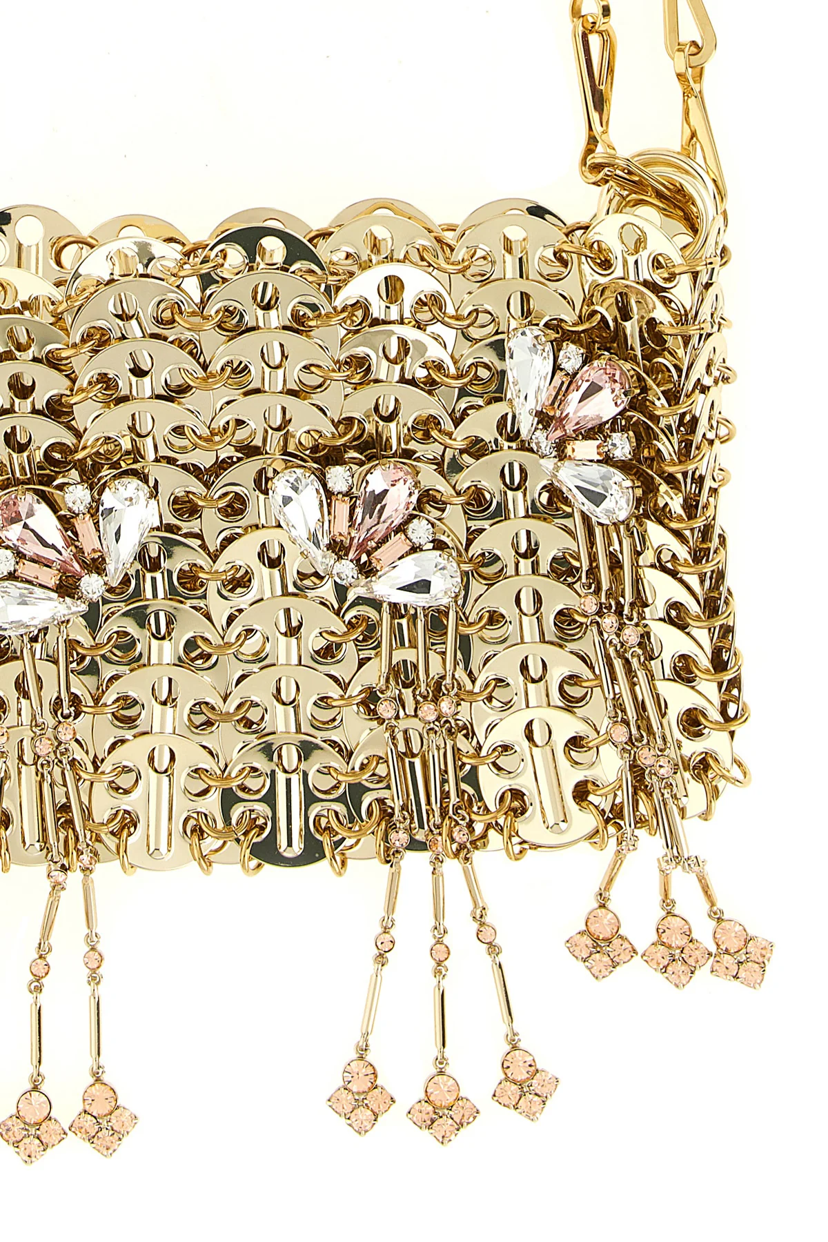 the rabanne 1969 nano shoulder bag is made through an intricate metal mesh const