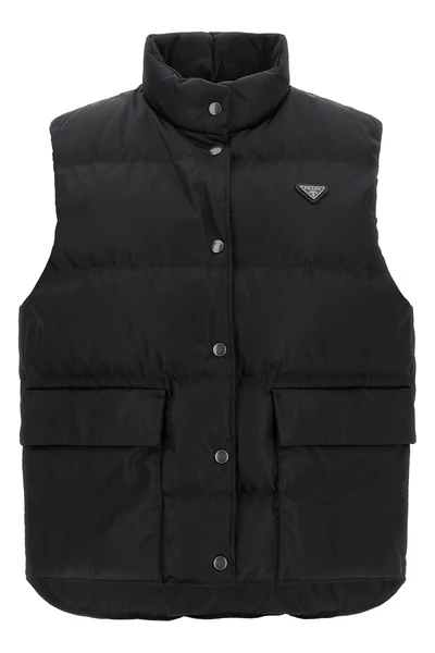 the prada black re-nylon vest redefines the codes of outerwear through a technic