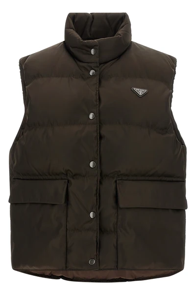 the prada dark brown re-nylon vest defines a functional silhouette through calib
